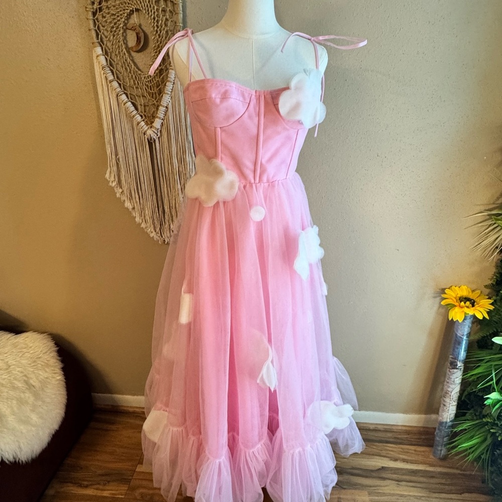 Lirika Matoshi Disney Cinderella Pink Tulle Maxi Dress with Cloud Appliqués
